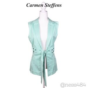 Carmen Steffens Women's Mint Green Sleeveless Blazer Studded Tie Waist MEDIUM‎